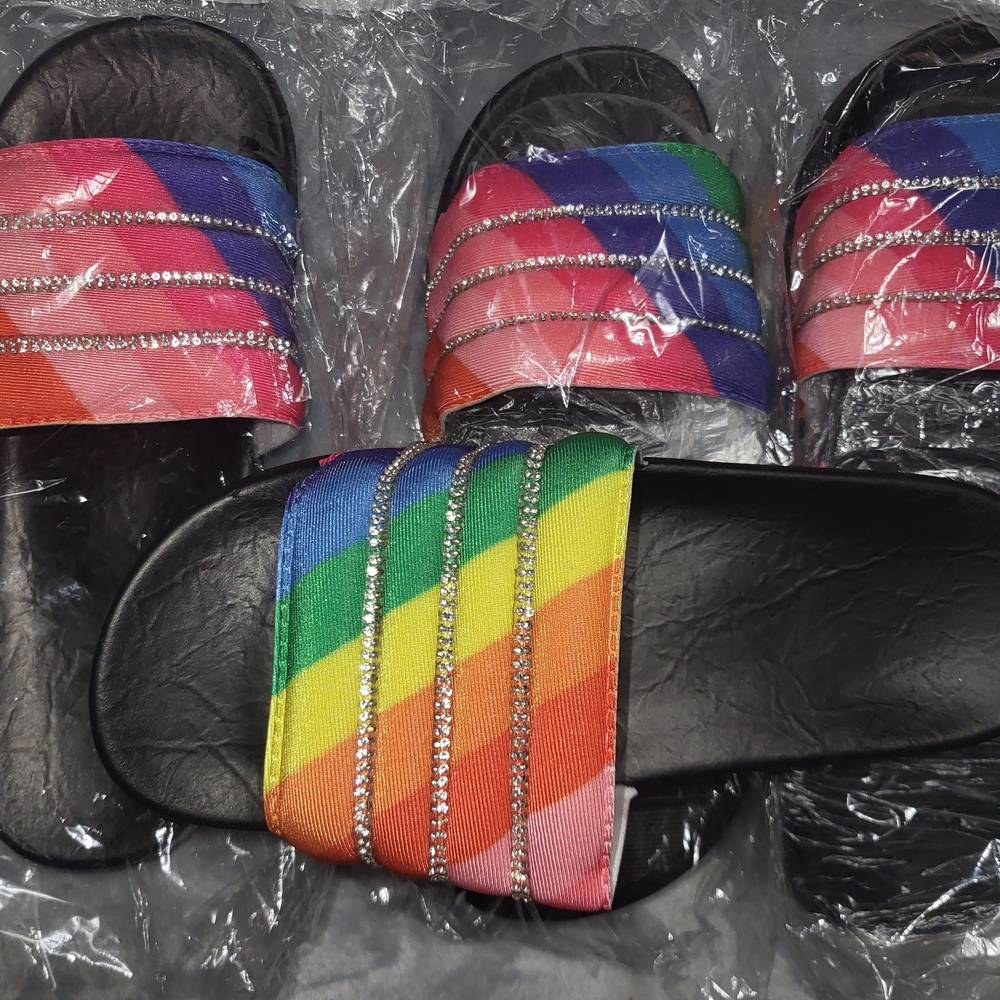 Rainbow Striped Slide Sandals with Rhinestones